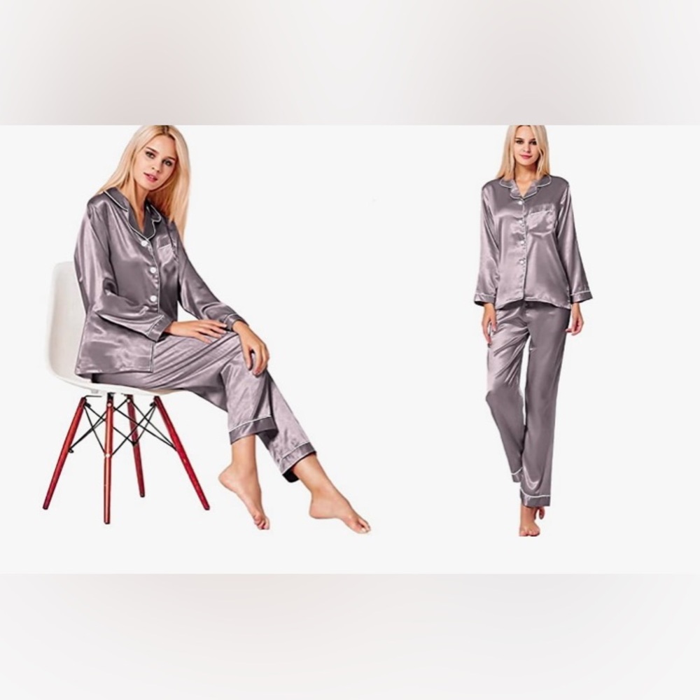 Womens Silk Satin Pajamas Loungewear Two-
piece Sleepwear Button-Down Pj Set - Picture 3 of 3